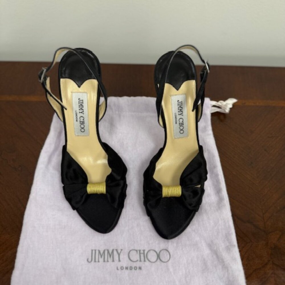 JImmy Choo Black Satin with Gold Wrapped Box Open Toe Heels